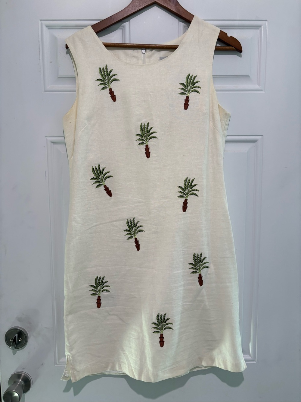 Cream Sleeveless Shift Dress with Green Palm Embroidery